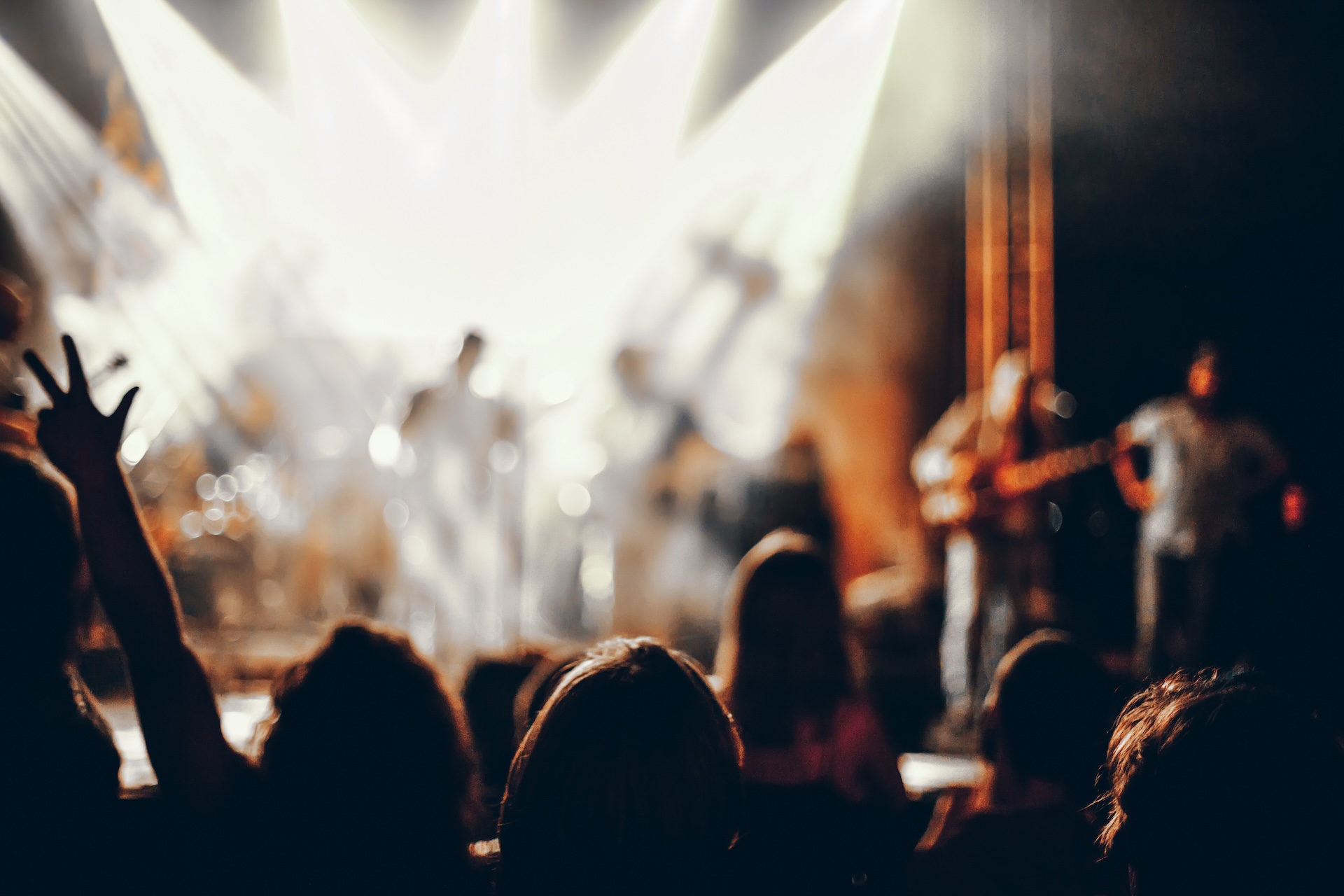 Silhouettes of concert crowd in front of bright stage lights.